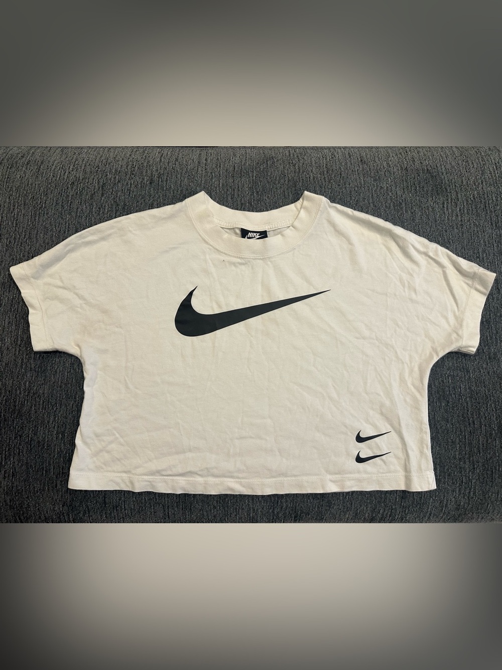 Nike White Short Sleeve Cropped Tee with Black Double Swoosh Logo